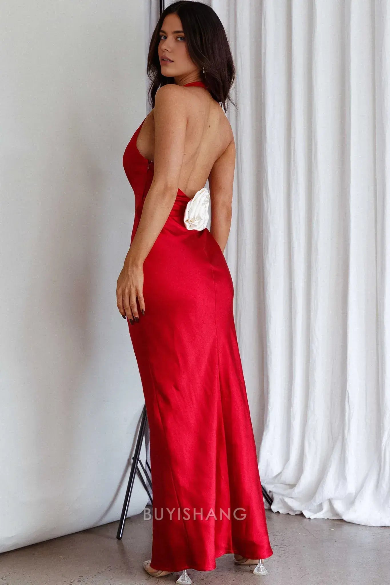 Elegant Plunging Halter Neck Satin Maxi Dress with Flower Detail prom dress